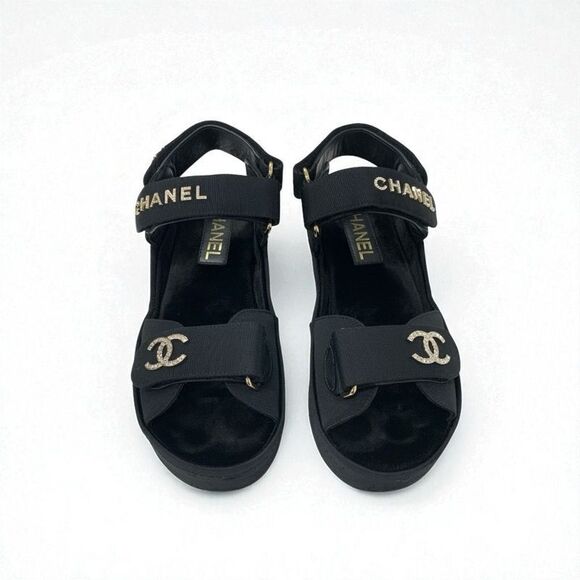 Chanel Sandals Shoes Fabric Velor Black Gold Rhinestone CC Coco Mark Logo Velcro - Picture 2 of 10